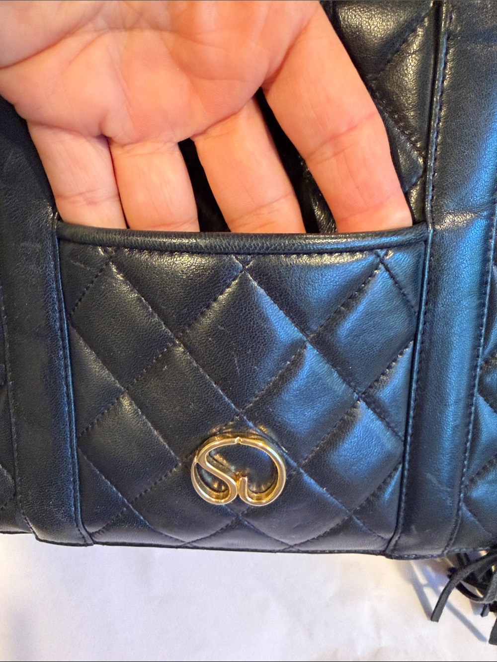 St. John Navy Blue Quilted Leather tote Bag with Tassel vintage - Picture 7 of 16